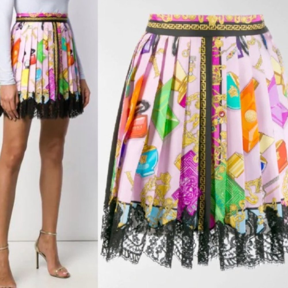 Versace PLEATED SILK TWILL & LACE MINI SKIRT